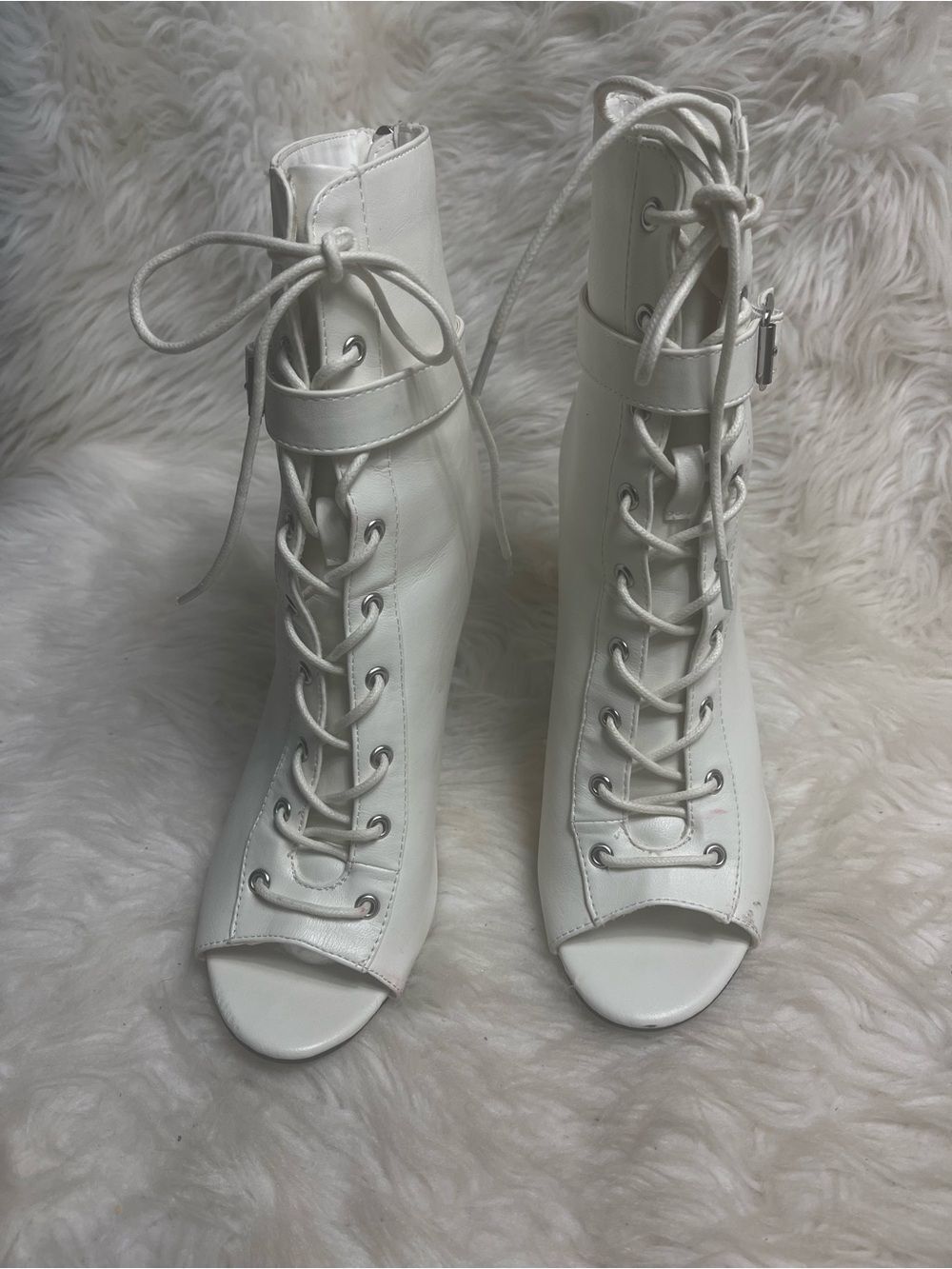 Anne Michelle White Lace-Up Peep-Toe Ankle Boots Buckle accent back zipper SZ11 - Picture 4 of 10